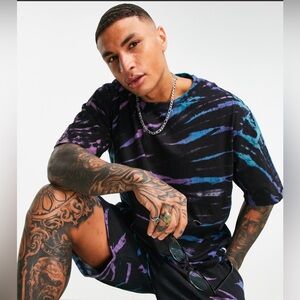 Men’s Mennace Crewneck Short Sleeve Oversized Black/Blue Cotton Tie Dye Tee Sz M